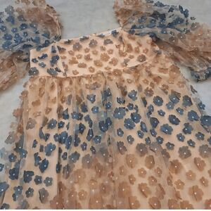 New Storia 3D Floral MiniDress Sz L Blue PuffSleeve Babydoll Tulle Shower Spring
